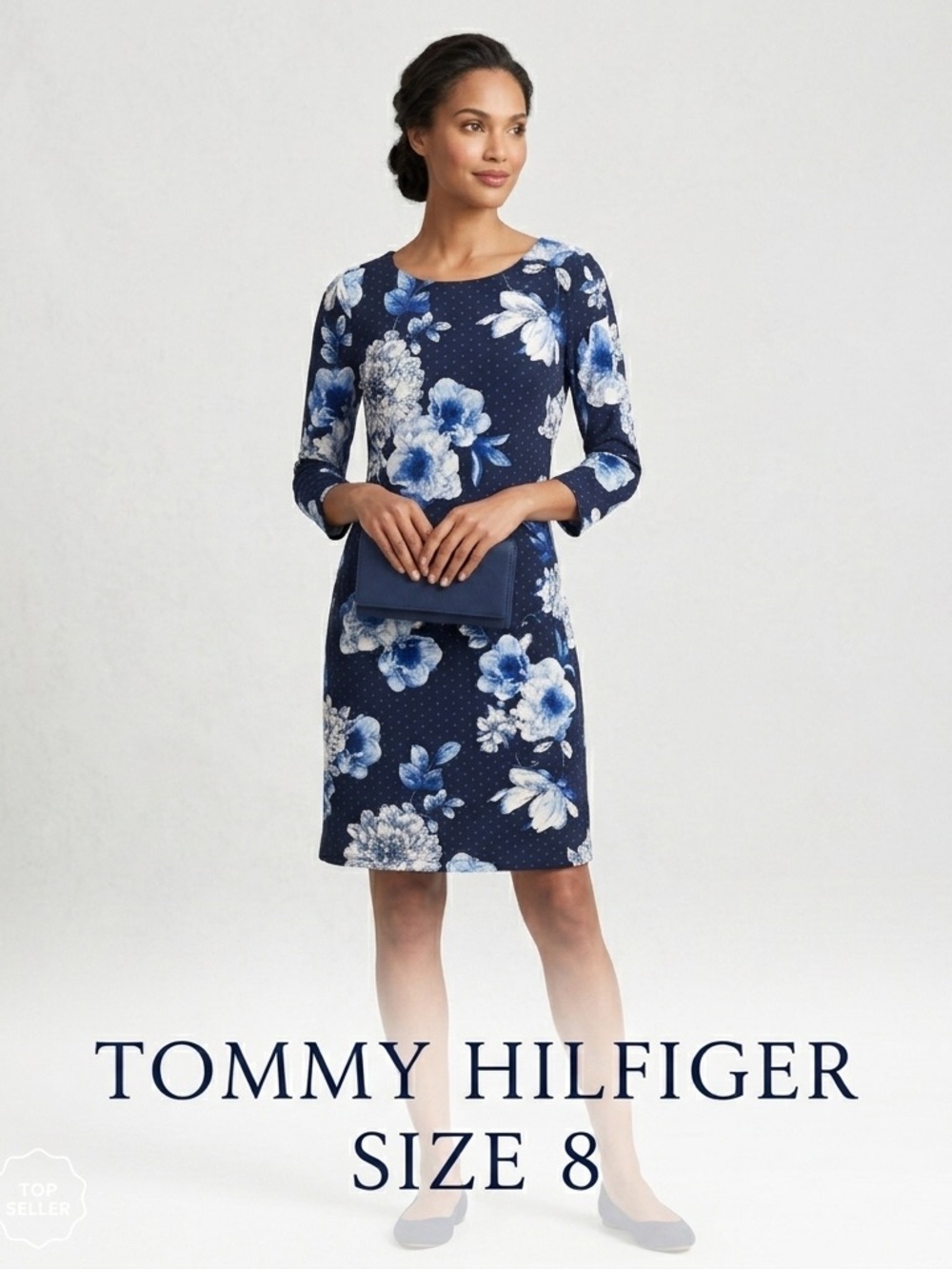 Tommy Hilfiger Blue Floral 3/4 Sleeve Sheath Dress - Size 8